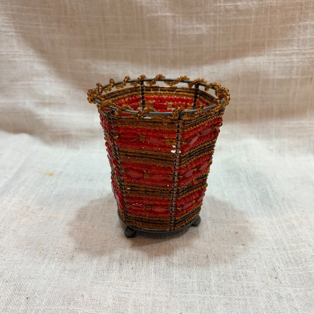 PartyLite Beaded Votive Candle Holder Red Amber Bronze Wire‎ Footed Boho Decor